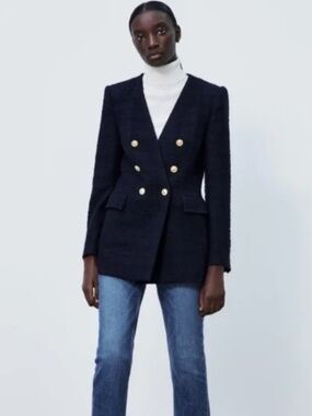 Zara tweed navy blue lapelless double breasted gold buttons blazer size M